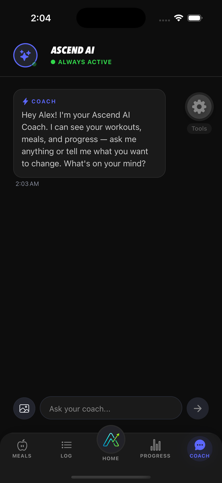 Ascend AI Coach tab: the coach introducing itself and a message box that reads Ask your coach