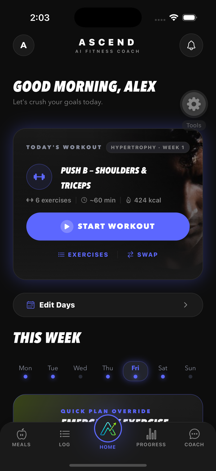 Ascend Home tab: today's workout with a Start Workout button, Edit Days, and the week at a glance