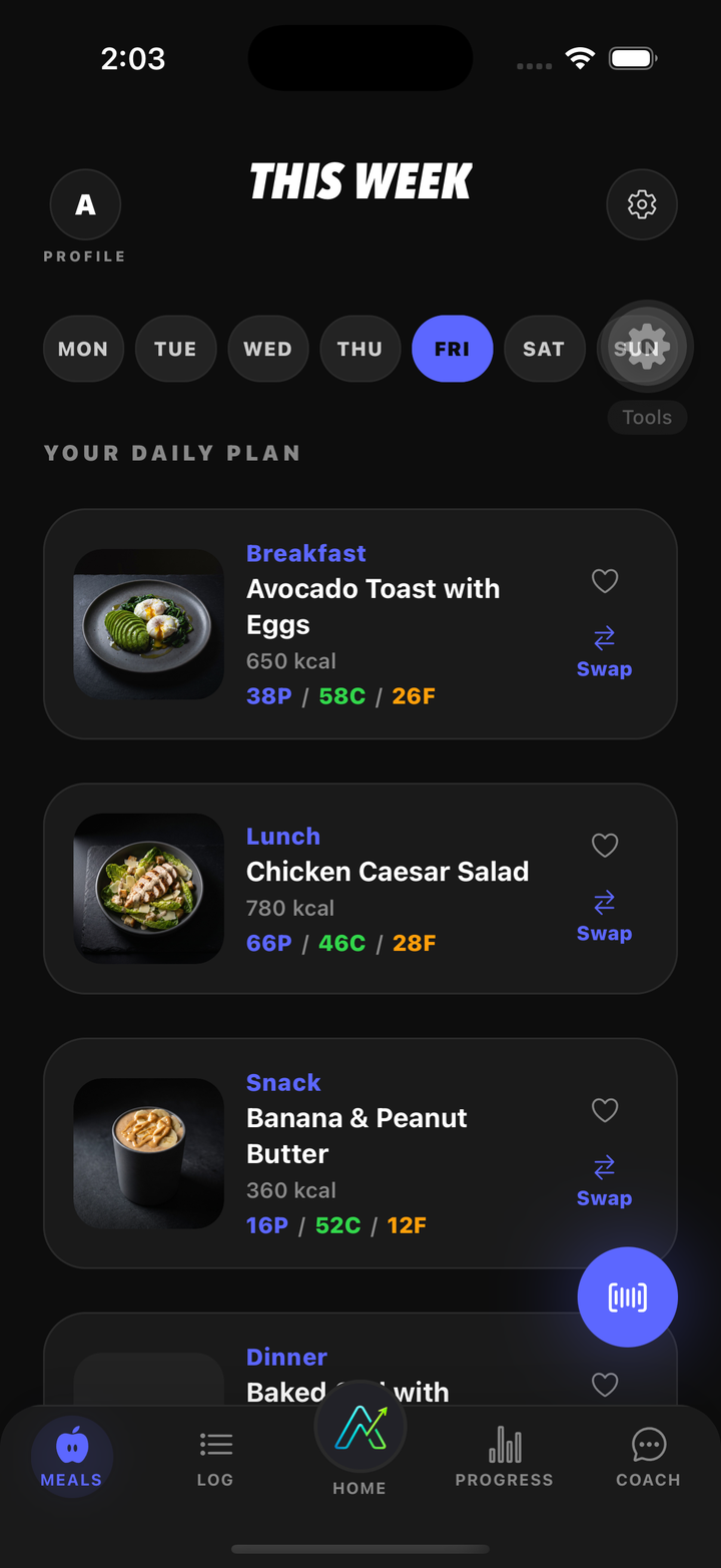 Ascend Meals tab: this week's daily plan with breakfast, lunch, dinner and snack