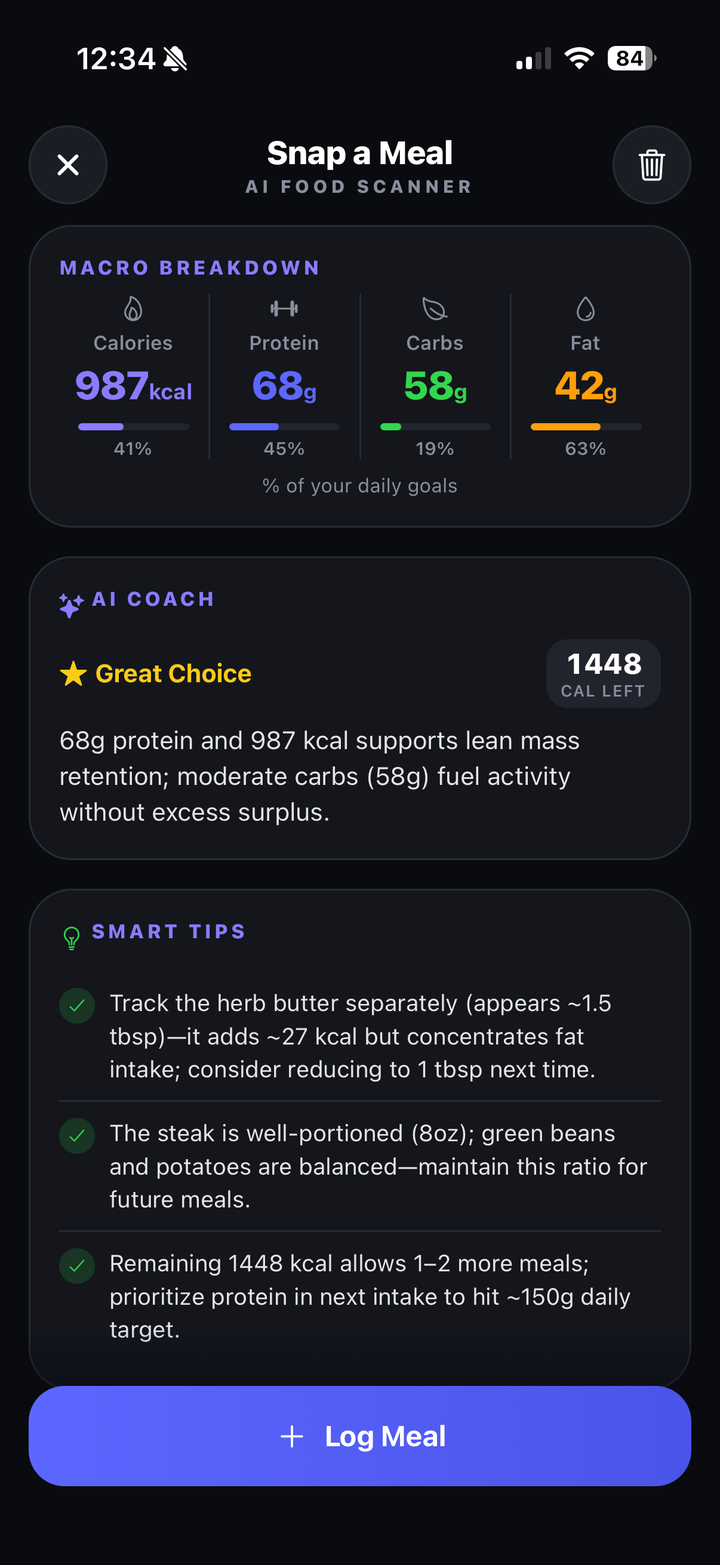 Snap a Meal results: macro breakdown, AI coach verdict and smart tips for a scanned plate