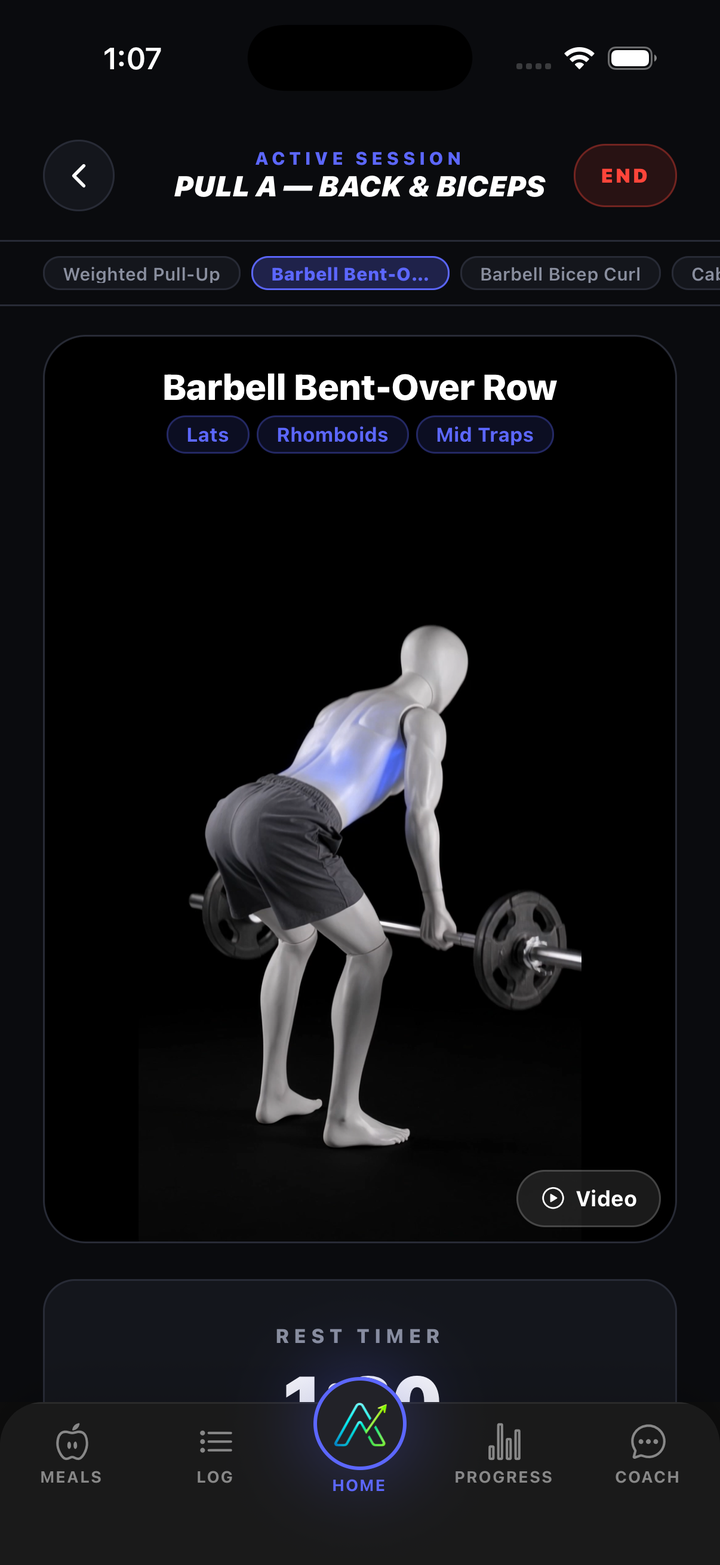 Ascend active workout session with the exercise demo, rest timer and set logging